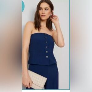 Ann Taylor Blue Buttoned Crepe Strapless Top